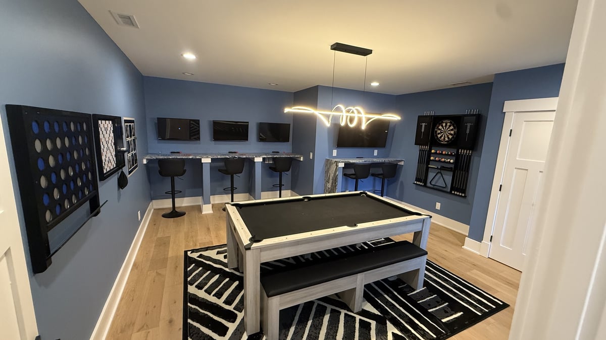 lake norman basement remodel and basement game room with pool table and gaming stations