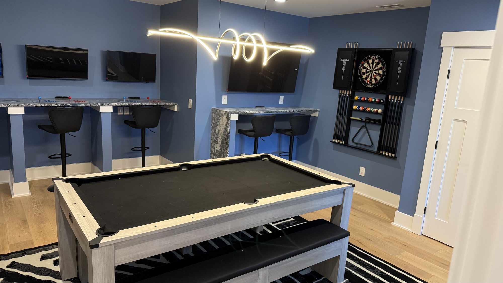 lake norman basement remodel and game room pool table dartboard and gaming stations
